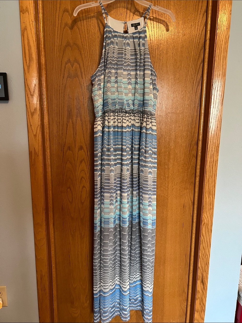 Lily Rose Blue, Gray & White Striped Halter Maxi Dress